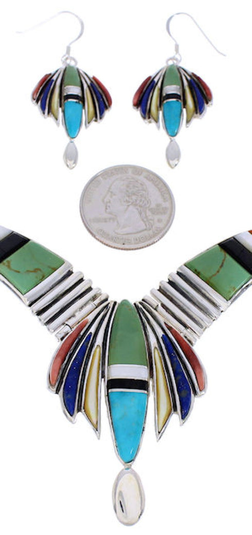 Multicolor Inlay Sterling Silver Link Necklace Earrings Set GS75564